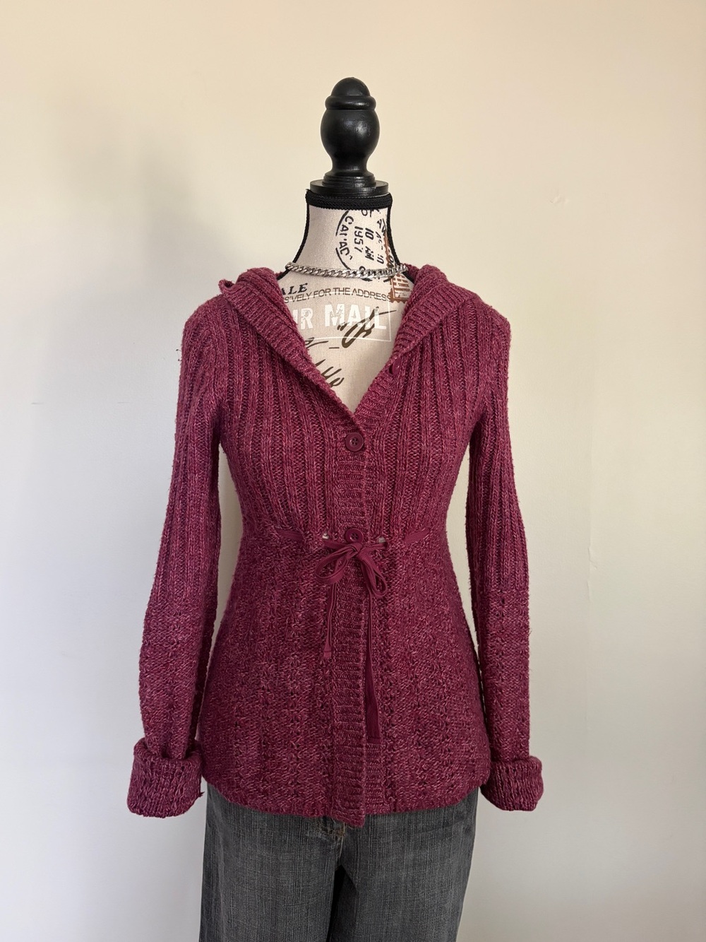 Y2K 2000s Burgundy Knit Baby Doll Front Tie Hood Fall Layering Cardigan Sweater